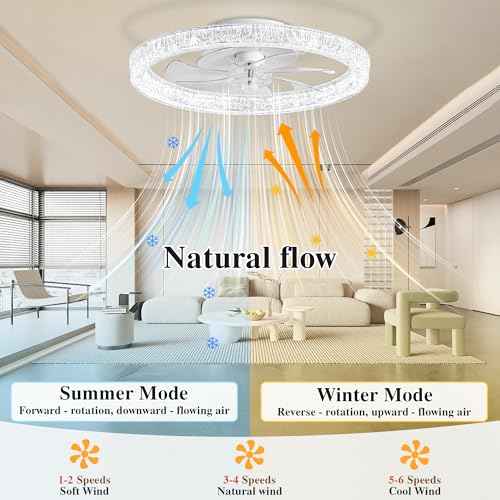 Ceiling Fans with Lights and Remote Fandelier - 20'' Flush Mount Low Profile Modern Ceiling Fans for Bedroom - Stepless Color Temperature and 6 Speeds, White Regular Crystal