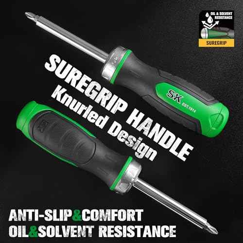 SK 7-in-1 Ratcheting Screwdriver, 216-P, 6 Bits (Phillips, Star, Slotted), 1 Nut Driver Size (1/4 Inch), S2 Steel, SureGrip Handle