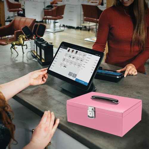 Flexzion Cash Box with Money Tray and Lock - Metal Money Box for Cash Storage with Secure Latch Lock & Key - Pink Petty Cash Box with 7 Compartment Money Tray for Small Businesses, 11x7.7x3.5 Inches