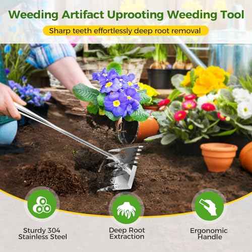 Weed Puller Tool, 2025 Upgraded Portable Manual Weeding Tools Gardening, 6 Teeth Dual Head Stainless Steel Hand Garden Weeding Rake, Weed Remover Tool for Gardening Backyard Yard Farm Planting Weeding