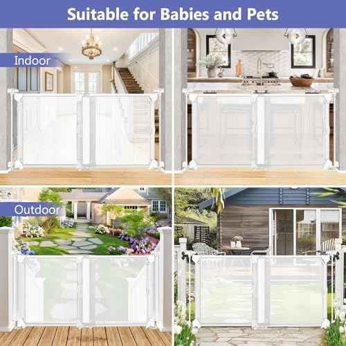 Sliding Baby Gate for Doorways Expandable 32"-55" Wide Adjustable Dog Gate 28 Inch Tall Step Over Pet Gate Indoor Mesh Dog Gate for Doorways Mesh Baby Gate for Stair Outdoor Baby Gate for Deck (White)