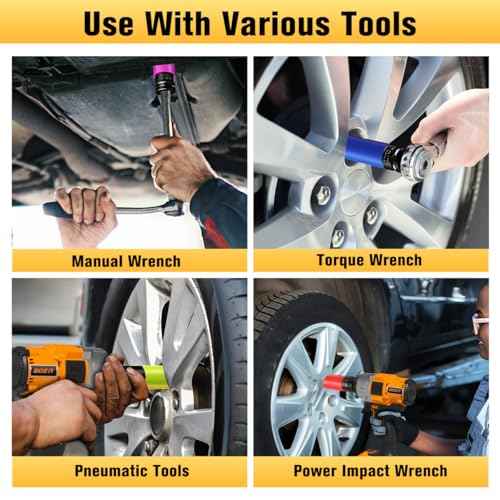 BOEN 1/2" Drive Wheel Protector Impact Socket, Non-Marring Lug Nut Thin Wall Deep Socket Set, CR-MO, 6 Point, Color-Coded Protective Socket | Metric 15 17 19 21 22 mm (5 PCS)