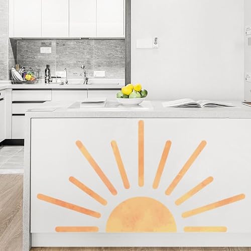 Boho Half Sun Wall Art, Removable Vinyl PVC Waterproof Sun Clings for Bedroom and Living Room Decor