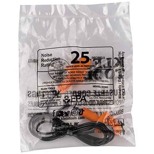 Klein Tools 6050350 Corded Earplugs, 25dB NRR, Reusable Orange Ear Protection in Dispenser for Construction, Loud Noise Reduction, 50-Pack