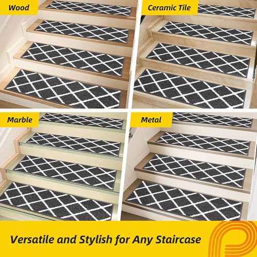 Non-Slip Stair Treads for Wooden Steps Indoor, 15 Pack 9" X 28" Edging Stair Carpet Mat with TPE Backing, 0.4" Thick Stair Runners for Kids Elders & Pets, 100% Polyester Stair Rugs, Black&White
