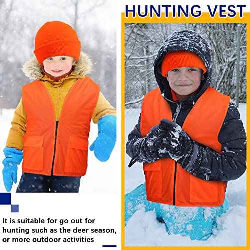 Jiuguva 6 Pcs Kids Hunting Safety Vest and Hat Set - Blaze Orange Construction Vest and Knitted Hat for Boys Girls