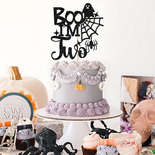 Boo I'm Two Cake Topper, Baby 2nd Birthday Party Decoration, Halloween Theme Baby Shower Party Decorations, Two Years Old Birthday Cake Topper, Black Glitter