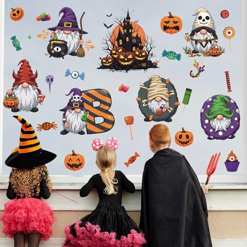 Halloween Gnome Window Clings,Cute Gnome Window Sticker,Pumpkin Bat Wall Decals,Haunted House Spooky Wall Sticker,Halloween Candy Witch Boo Ghost Decals,Pumpkin Cling for Glass Home Party Room