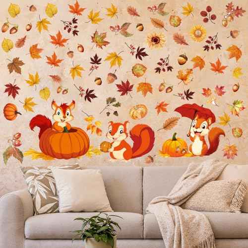 107 Pcs 6 Sheets Thanksgiving Fall Leaves Wall Decals Squirrel Acorn Pumpkin Autumn Wall Decals Peel and Stick Removable Wallpaper Thanksgiving Stickers for Window Living Room Home