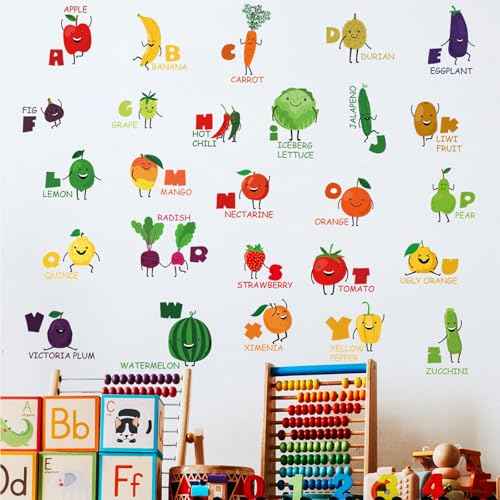 Fruit Vegetables Alphabet Kids Wall Stickers Wall Decals Peel and Stick Removable Cartoon Wall Stickers for Kids Nursery Bedroom Living Room Decor