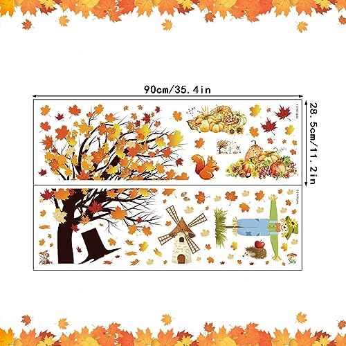 Fall Maple Leaves Wall Decals Autumn Pumpkin Scarecrow Wall Stickers Thanksgiving Fall Tree Wallpaper Cute Sqiirrel Windmill Mural DIY Removable Wall Art for Kids Bedroom Playroom