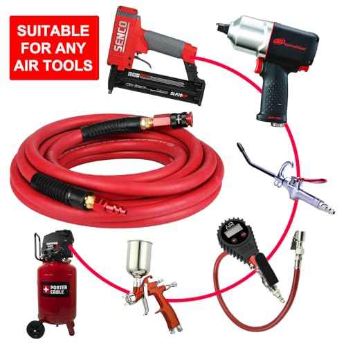 Keepro Rubber Air Hose, Durable Air Compressor Hose 3/8 Inch ID By 25 Feet Long with Swivel Universal Aluminium Quick Coupler and Plug, 300 PSI Maximum Pressure, Red