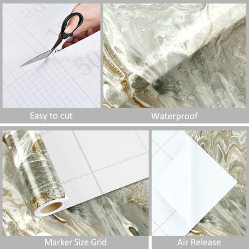 WESTICK Green Gold Marble Countertop Contact Paper Waterproof Peel and Stick Gold Marble Vinyl Wrap Removable Granite Wallpaper for Countertops Kitchen Island Tables Cabinets Camper 15.8" x 80"