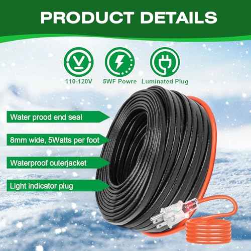 30FT Heat Tape for Water Pipes£¬-40¡ÆF Anti-Freeze De-Icing Heating Tape, Pipe Insulation Heating Cable for Insulation/Roof Snow Removal , Gutter Heating Cable, Heated Water Hose 120V 5W/ft