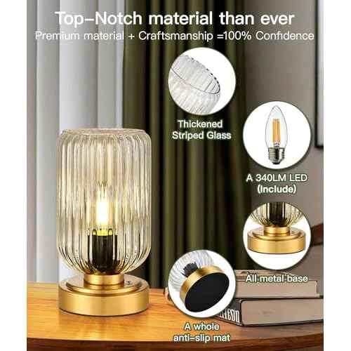 Touch Table Lamp for Nightstand - Small Bedside Lamps for Night Stands Bedroom Living Room, Dimmable Rechargeable Desk Lamp Battery Operated with Clear Glass Shade, Bulb Included