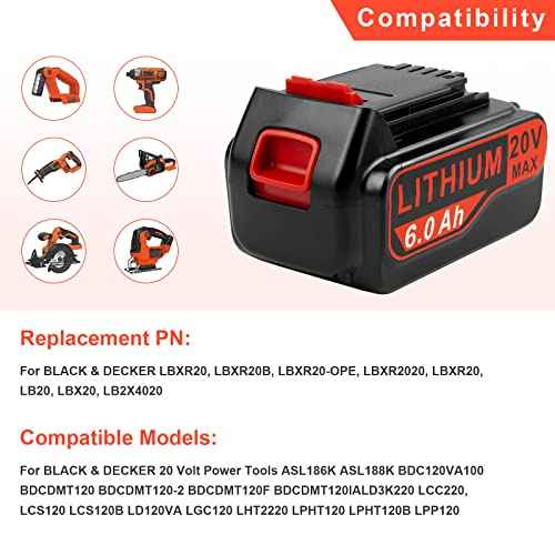2-Pack 6Ah Max 20V Lithium Battery Replacement for Black & Decker ASL/BDC/LD/LC/LP Series, Compatible with LBXR20 LBXR20B LBXR20-OPE LBXR2020 LBXR20 LB20 LBX20 - High Capacity Cordless Tool
