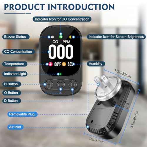 Carbon Monoxide Detectors Plug in, 3-in-1 CO Detector with Temp/Hum Sensor, Portable Travel Carbon Monoxide Alarm with 85dB Alarm, Real-Time CO Monitor Easy to Read & Install (Black-2 Pack)