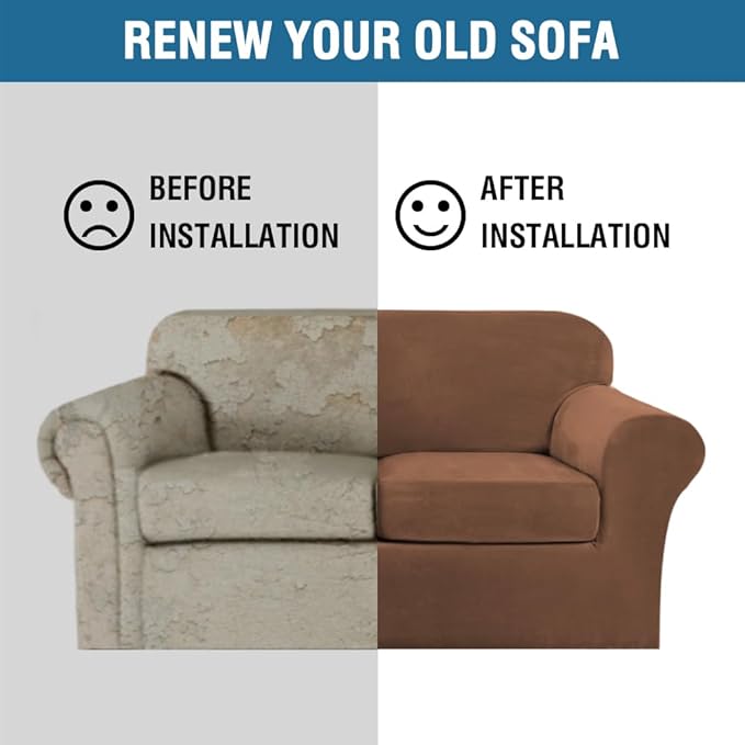 H.VERSAILTEX Real Velvet Plush 3 Piece Stretch Sofa Covers Couch Covers for 2 Cushion Couch Loveseat Covers Width Up to 72 Inch Thick Stay in Place (Medium Sofa, Caramel)