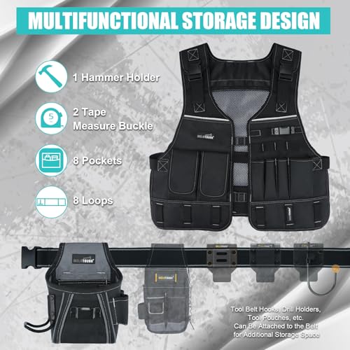 MELOTOUGH Tool Vest for Men with Pouches and Belt, Adjustable Multi-Pocket Safety Tool Vest for Electrician, Carpenter(Black)