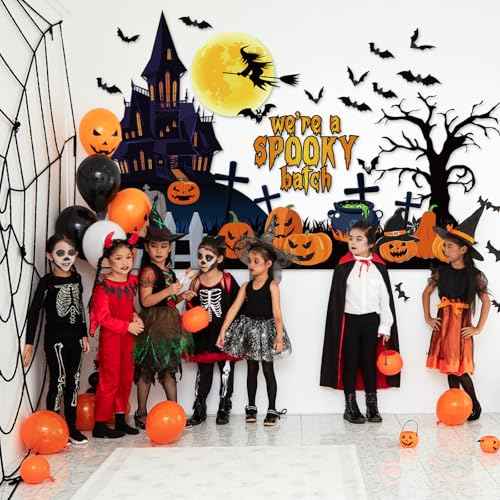 Pasimy 48 Pcs Halloween Classroom Bulletin Board Decorations 3D Halloween Bat Scary Castle Pumpkin Tree Witches Paper Cutouts We're a Spooky Batch Decor for Holiday Classroom Wall Home Office Supplies