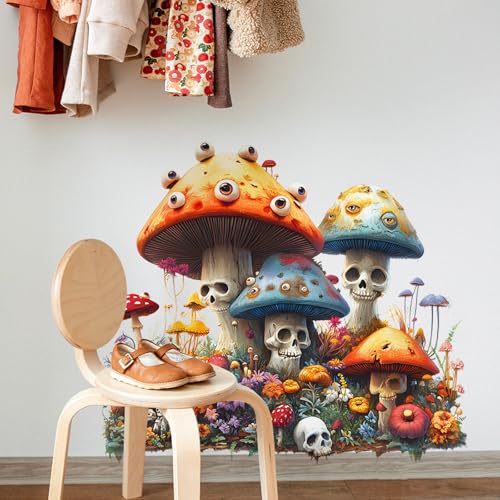 Halloween Mushroom Wall Stickers Removable Floral Skull Wall Decals for Kids Bedroom Nursery Living Room TV Wall Decor