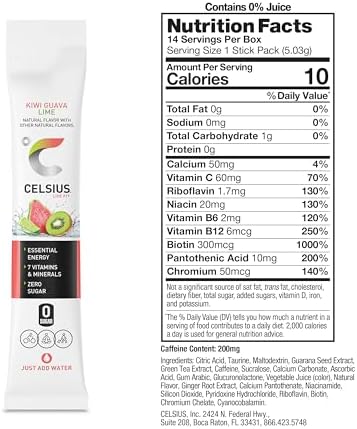 CELSIUS On The Go Kiwi Guava Lime, Sugar Free Energy Drink Mix (14 Sticks per Pack)
