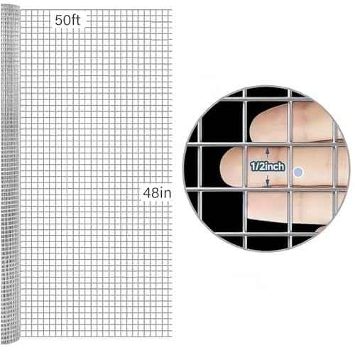 Hardware Cloth 48inx50ft 1/2 Inch Galvanized, Chicken Rabbit Snake cage Wire Fence Mesh Roll,Garden Plant Welded Metal Wire Fence,Poultry Animal Netting cage Screen. (4 x 50FT)