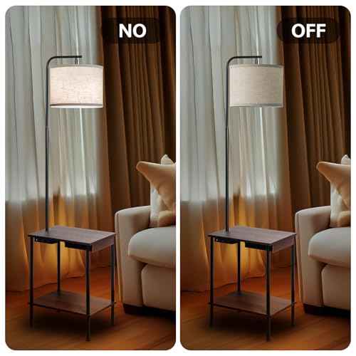 Floor Lamp with Table & Drawers, End Table Lamp with USB Charging Portt Power Outlet and Shelves, Side Table Reading Light with 3 Color Temperature Led Bulb Included for Living Room, Walnut