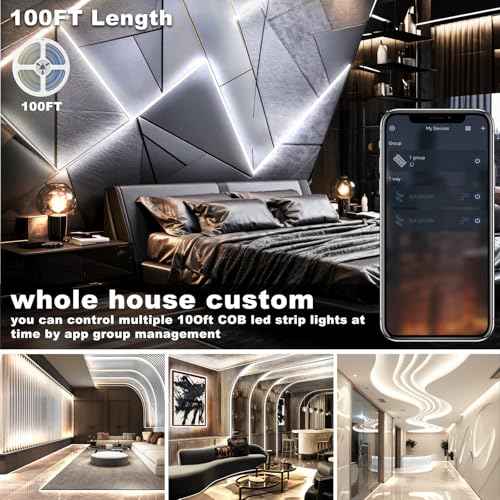 100FT COB Led Strip Lights, Uniform 6500K COB Rope Light,Bright Daylight White lights,High Density,App/Remote Control,Indoor 24V Cuttable Cabinet Lights for Bedroom,Bookshelf,Showcase,Kitchen