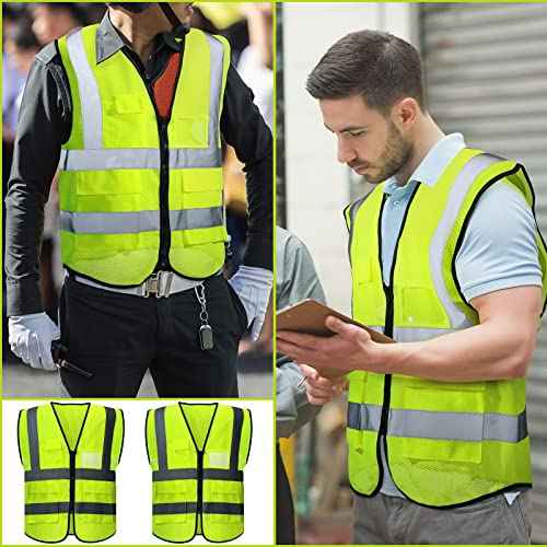 JaGely 6 Pack Reflective Safety Vests with Pockets, High Visibility Mesh Construction Vest for Men Women, Neon Yellow, Size L