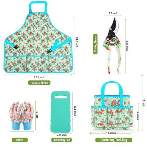 Garden Tools Set, JUMPHIGH 10 PCS Heavy Duty Gardening Tools Includes Hand Trowel Rake Weeder Pruner, Gardening Gifts for Women, Garden Kit with Tote Bag, Apron, Gloves, Kneeling Pad