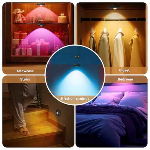 Rechargeable Puck Lights with Remote, 12 Pack Magnetic Under Cabinet Lighting, 1500mAh Battery Operated LED Tap Lights with Dimmer & Timmer for Kitchen, Closet, Shelf - 3 Color Temps & 12 RGB, Black