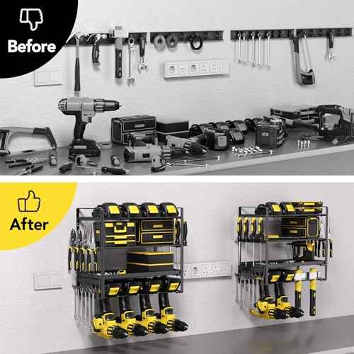 Power Tool Organizer, Metal 4 Layer Heavy Duty Drill Holder, 4Tier Wall Mount Garage Tool Organizers and Storage with Screwdriver/Pliers/Hook Holder,Red Utility Racks gifts for men
