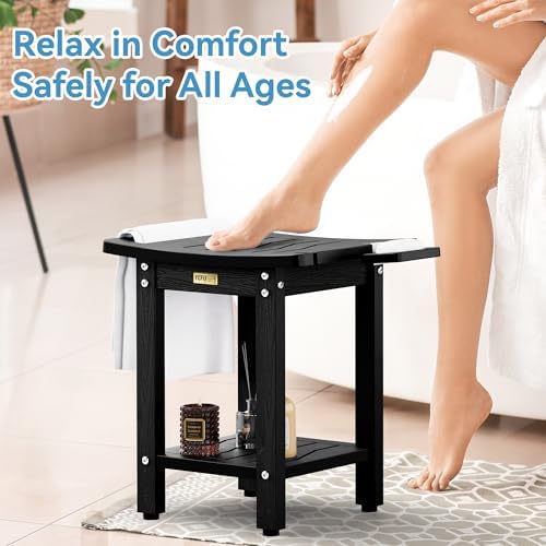 YEFU Shower Chair for Inside Shower: Slip-Resistant Waterproof No Maintenance 500 LBS Weight Capacity - Shower Bench/Stool with Shelf & Handle for Bathroom/Outdoor - Easy to Assemble for Adult/Black
