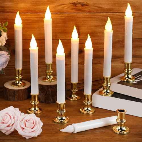Yungyan 20 Pieces Window Candle Lights with Sensor Dusk to Dawn Flameless Battery Operated LED Candles Bulk Flicker Flame for Christmas Holiday Party Decorations(Gold Base)