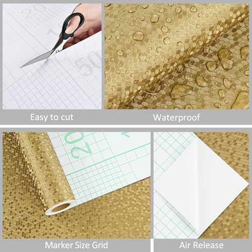 WESTICK Textured Gold Contact Paper Peel and Stick Countertops Waterproof Gold Vinyl Wallpaper Metallic Refrigerator Wrap Removable Copper Wall Paper for Appliance Cabinets Fridege 15.8" x 80"