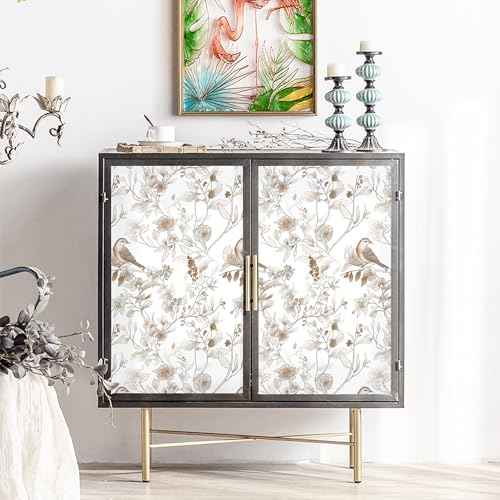 Hopepak Peel and Stick Wallpaper 17.3''x78.7'' Brown Floral Bird Wall Paper Self Adhesive Removable Contact Paper Waterproof Vinyl Roll for Bedroom Bathroom Decor