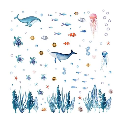 142 Pcs Ocean Wall Decals, Marine Life Peel and Stick with Turtles & Whale Shark, Non-Toxic Vinyl Stickers for Kids Room Nursery Bathroom Decor (Blue)
