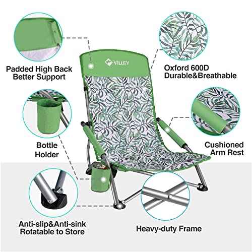 VILLEY Low Beach Chairs for Adults 2 Pack, High Back Folding Chairs, Lightweight and Portable for Outdoor, Camping, Lawn, with Cup Holder and Carry Bag - Green Tropical Leaves