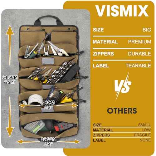 Tool Roll Bag Organizers- Heavy Duty Roll Up Tool Bag Organizer 6 Tool Pouches with Labeled, Small Tool Bag Removable Pouches, Gifts for Electrician,Carpenter, Plumber, Mechanic, Hobbyist