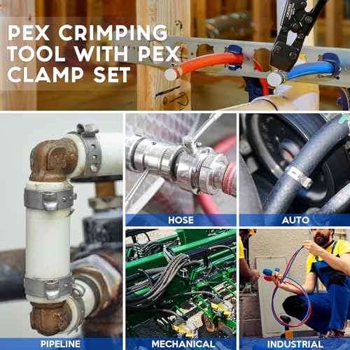 Pex Crimping Tool Crimper with Stainless Steel Pex Clamps(20pcs 1/2",10pcs 3/4") Ratchet Pex Clamp Crimp Cinch Tool from 3/8" to 1"
