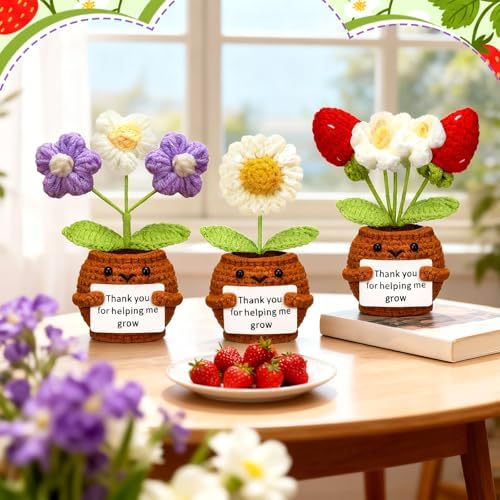 Wavwavw 3 Pcs Teacher Appreciation Gift Positive Flower Handmade Crochet Doll Thank You for Helping Me Grow Gift Teacher Appreciation Week Gifts for Women(Strawberry, Puff and Sunflower)