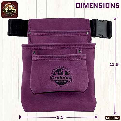 Graintex SS2082 3 Pocket Nail & Tool Pouch Purple Color Suede Leather with 2¡± Webbing Belt for Constructors, Electricians, Plumbers, Handymen