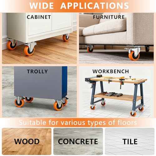 Caster Wheels, 4" Casters Set of 8 Heavy Duty - Update Dual Locking Casters with ON/OFF Tabs (Easier to Operate), Swivel Plate Caster, No Marks Castor Wheels for Carts Furniture and Workbench