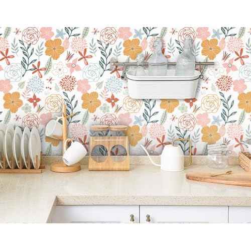 WENMER Floral Peel and Stick Wallpaper 17.71¡±¡¿118¡±Boho Floral Wallpaper Pink Floral Contact Paper Self Adhesive Removable Wallpaper for Bathroom Cabinet Decorative