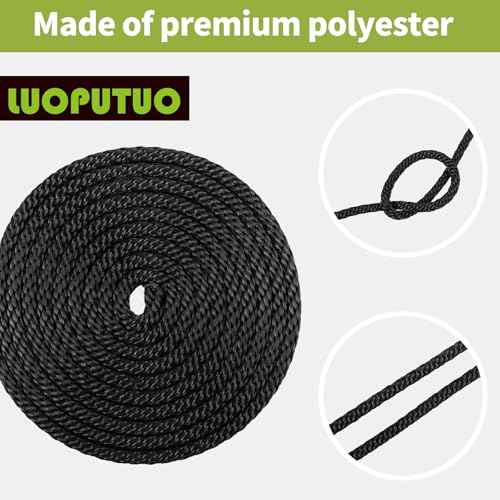 5/16 Inch 250FT Black Polyester Solid Braid Rope | High UV & Abrasion Resistance | Industrial Grade, Low Stretch | Multipurpose for Flag Poles, Clotheslines