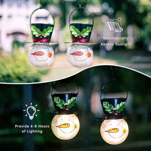 Starsoul 2 Pack Snowman Solar Lanterns, Christmas Outdoor Hanging Lantern Waterproof Decorative Snowman Lights Decor for Garden, Patio, Yard, Porch, Xmas Holiday Party Decor (Large Leaves)