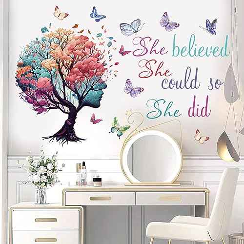 Inspirational Quotes Wall Art - 'She Believed She Could So She Did' Tree & Butterfly Decal Stickers for Women & Girls Bedroom & Living Room Decor