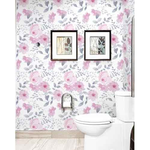 Cohoo Home Floral Contact Paper Peel and Stick Wallpaper Floral Flower Pink Contact Paper for Cabinet Self-Adhesive Removable Wallpaper Watercolor Kids Nursery Bedroom Waterproof 17.3inW 78.7inL