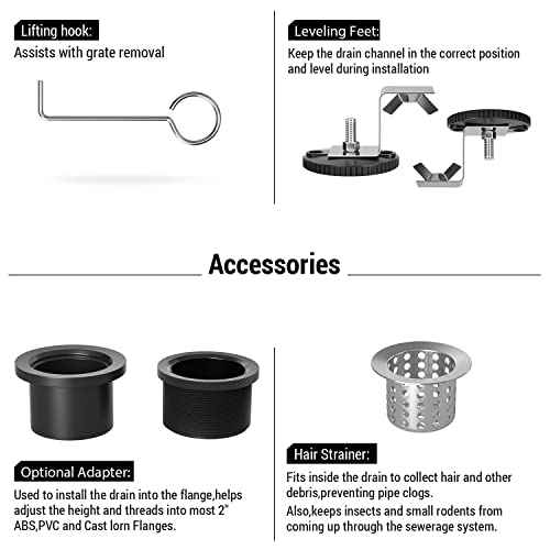 EXF Linear Shower Drain 28 Inch Matte Black with Reversible Flat & Tile Insert Cover, Stainless Steel Rectangle Shower Floor Drain with Hair Catcher, Adjustable Feet